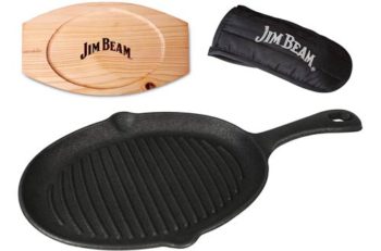 2. Jim Beam Pre Seasoned Cast Iron Skillet with Wooden Base and Mitt